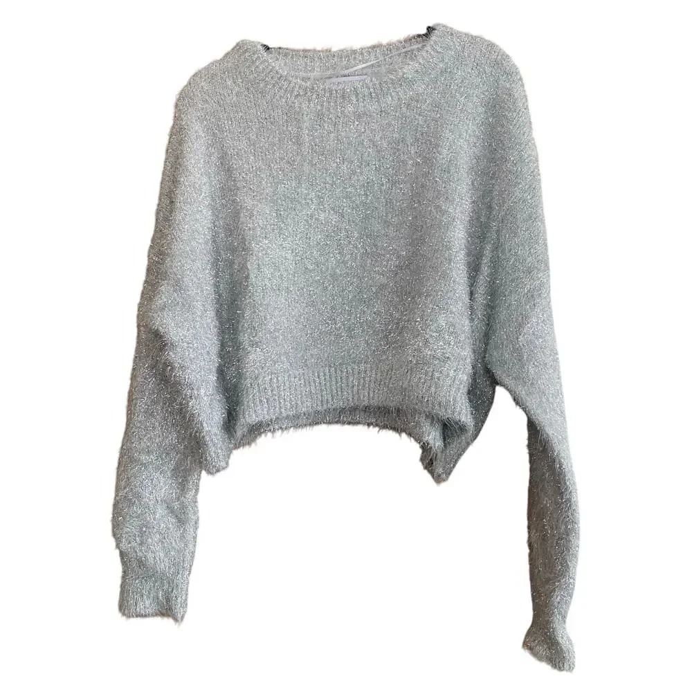 Urban Outfitters Elisabeth Silver Sparkle Crop Sweater Size Large